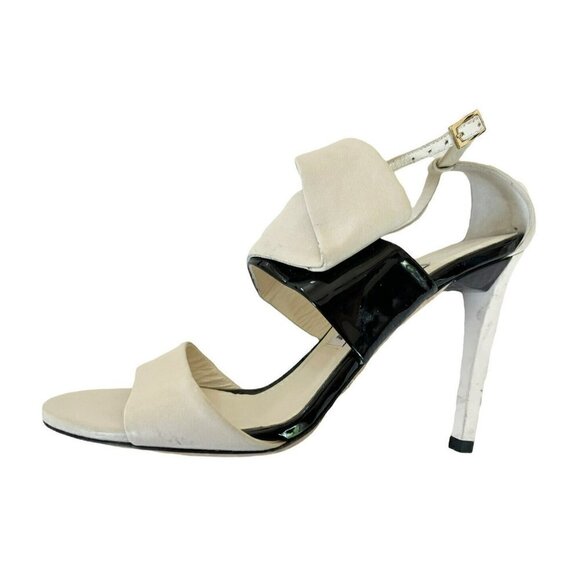 Jimmy Choo Trapeze Pleated Asymmetrical Off White Black Patent Leather Sandals - Picture 6 of 12